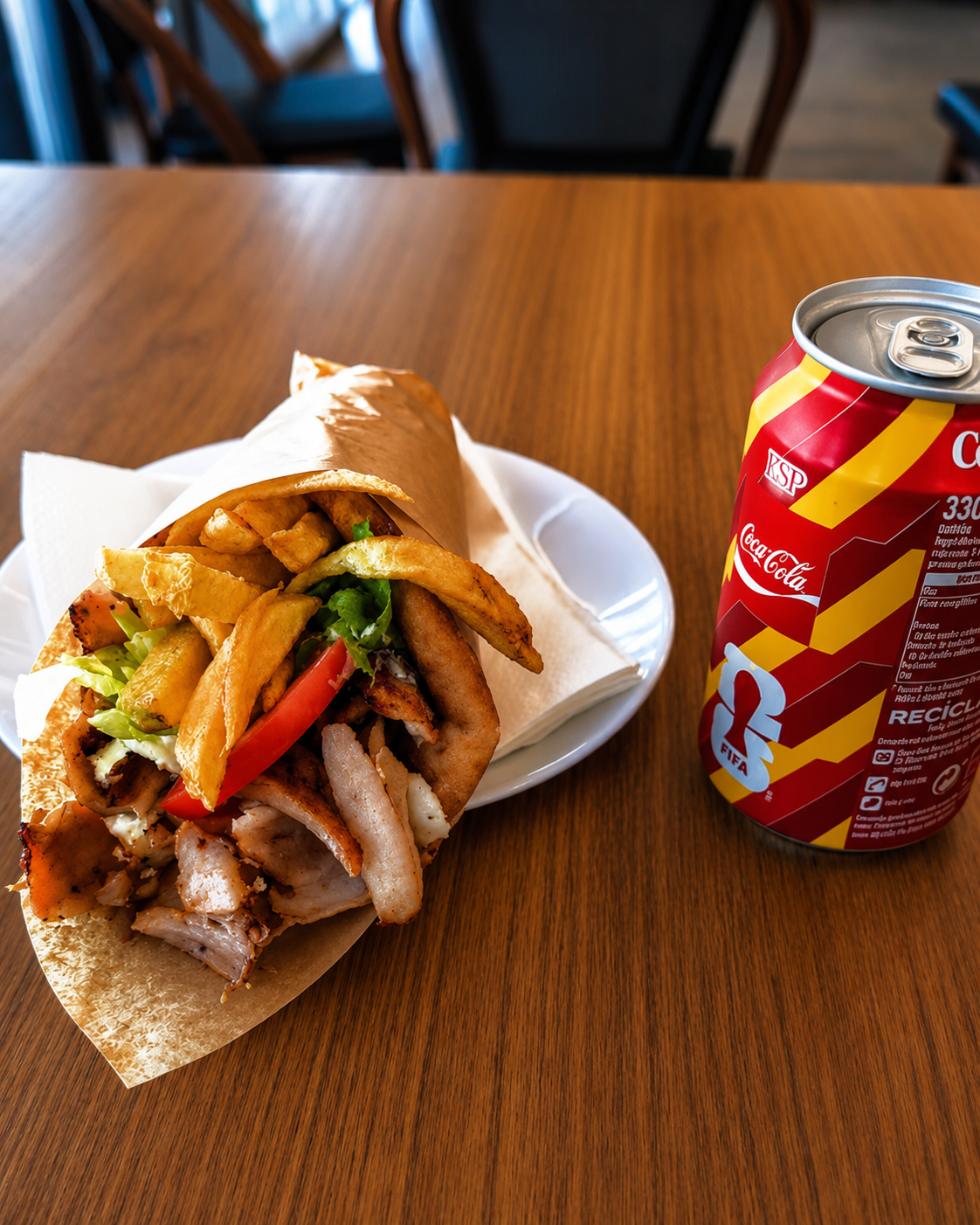 Chicken gyros wrap with fries, tomato and tzatziki served at King Souvlaki