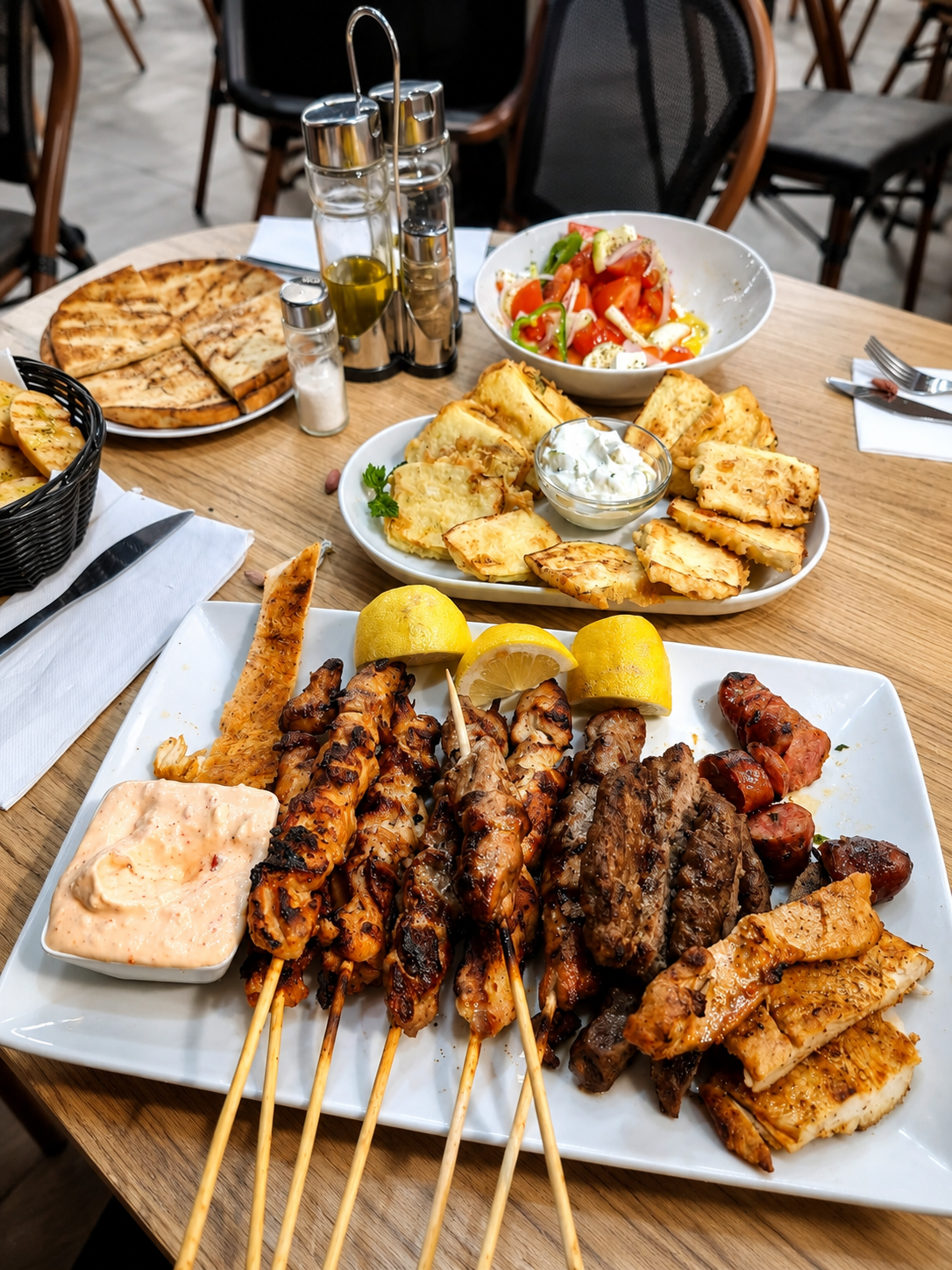 Mixed Greek grill platter with souvlaki, gyros meat, sausages, saganaki cheese and horiatiki salad at King Souvlaki Lloret de Mar